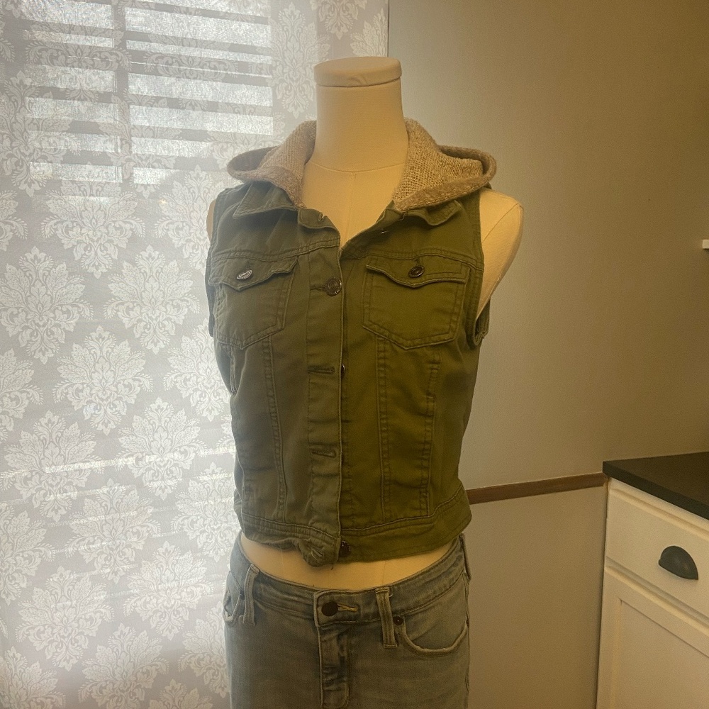 Women's Juniors Denim Deluxe Wallflower Army Green Jean Vest Grey Hood